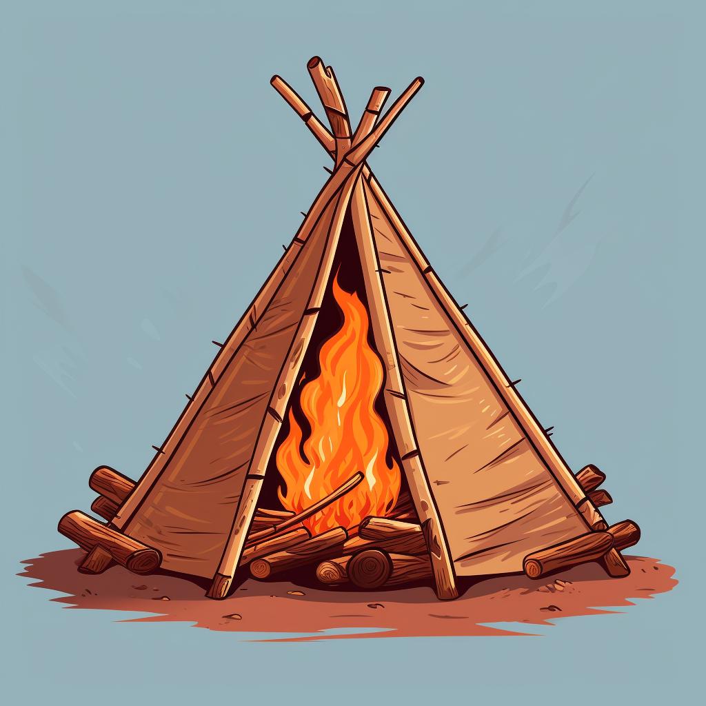 A teepee-shaped fire structure with tinder, kindling, and larger logs