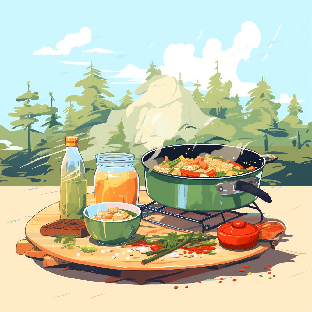 Cooking one-pot vegan meal on camping stove